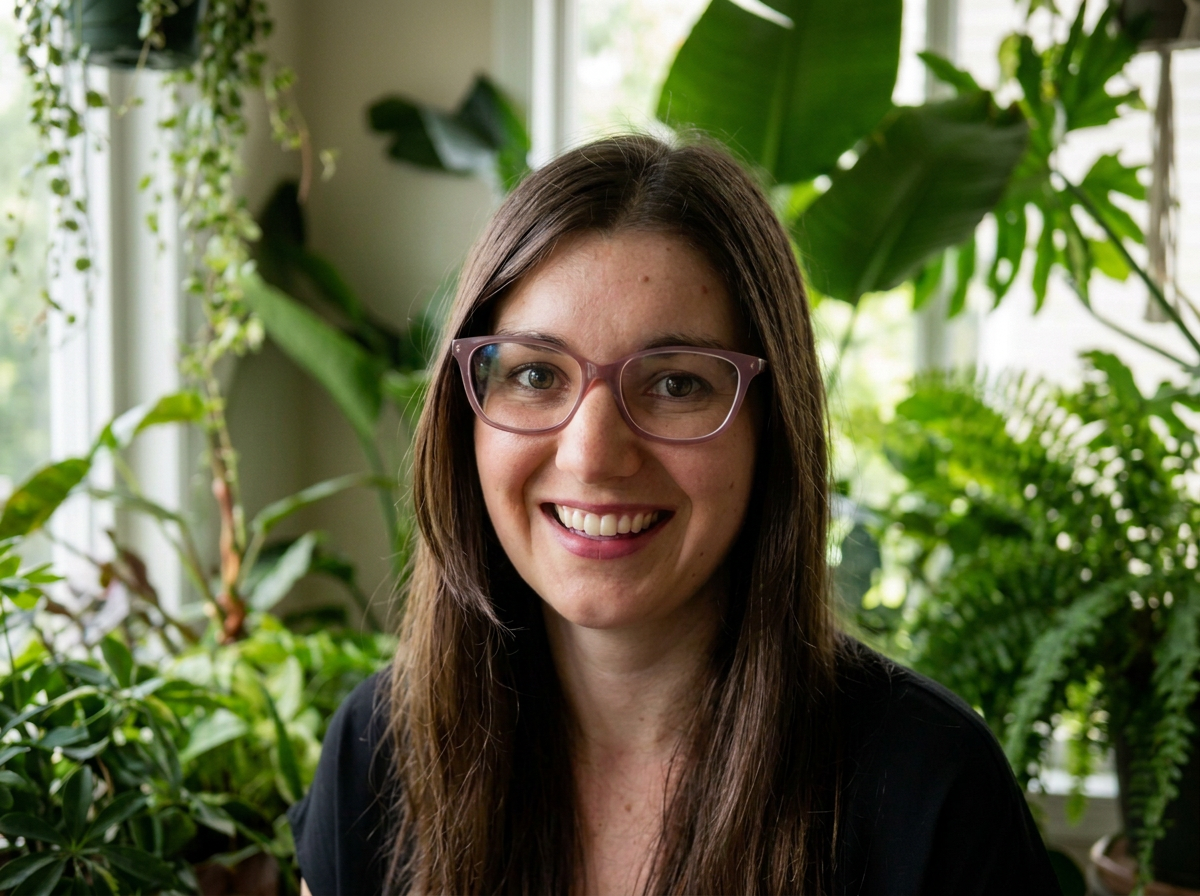 A woman with brown hair and glasses smiling indoors surrounded by green houseplants.
