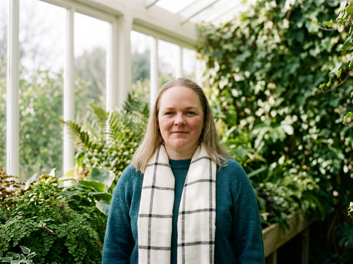 A woman with shoulder-length blond hair wearing a teal sweater and white scarf with black checks, standing in a lush greenhouse filled with various green plants and foliage.