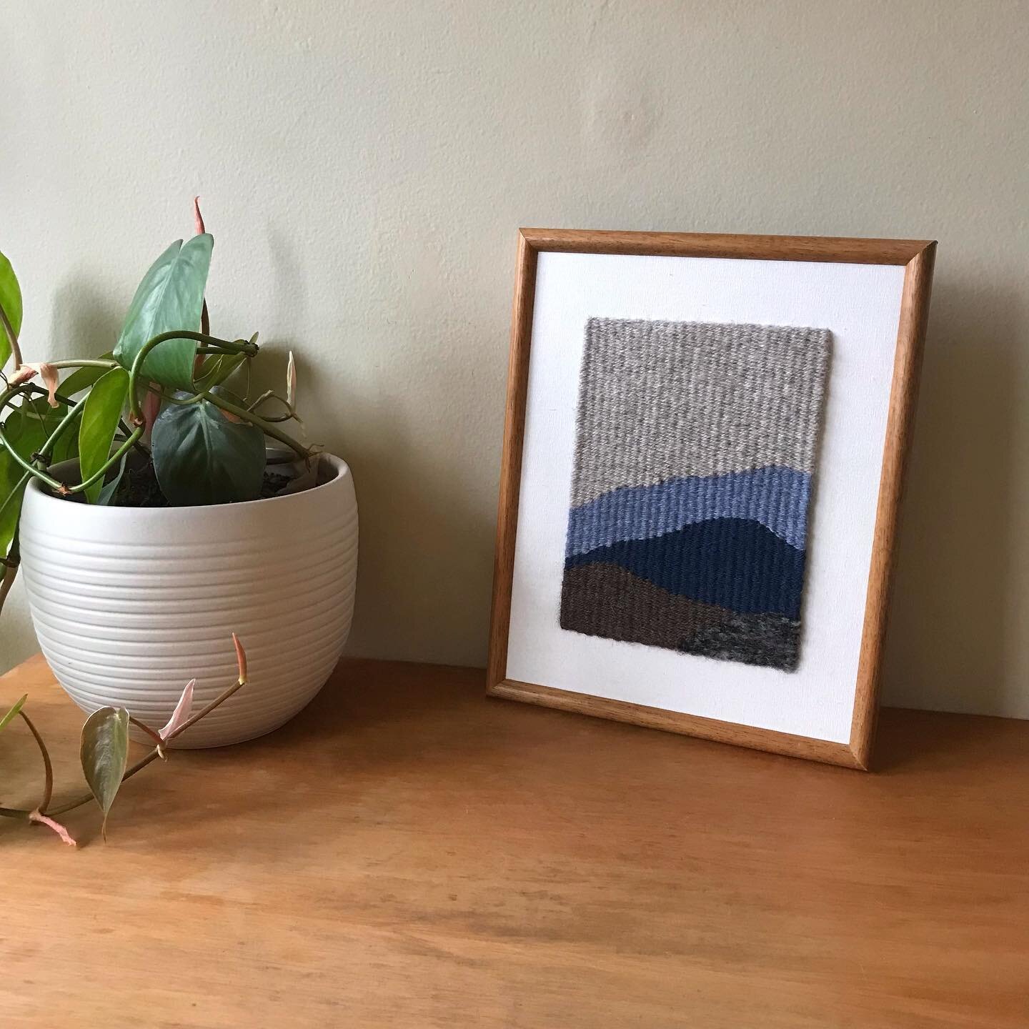 Blue Mountains. 22.5 x 27.5cm, wool and cotton in a wood frame. $50 plus postage. I start teaching again in a few weeks so before that happens, I thought I&rsquo;d make a small weaving. I love the calming colours of the hills. DM if you&rsquo;d like 