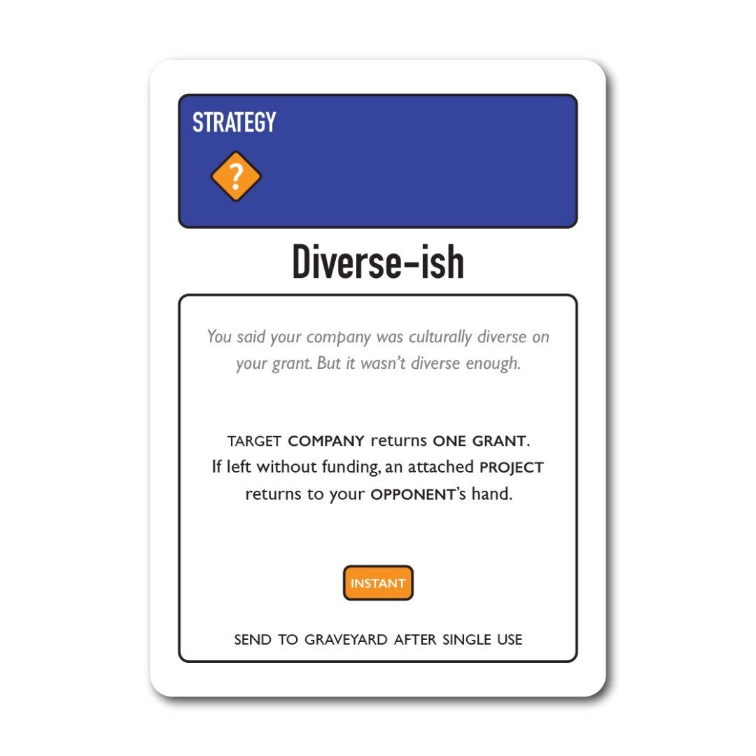 Diverse-ish
* * * * * * 
#diverse #ish #culture #notenough #goodonpaper 
#culturecapital #cardgame #performance #liveart #theatre #dance #publicfunding #canadianart #contemporaryart #design #tabletopgames #tradingcardgame #indiegamedev #cdncult