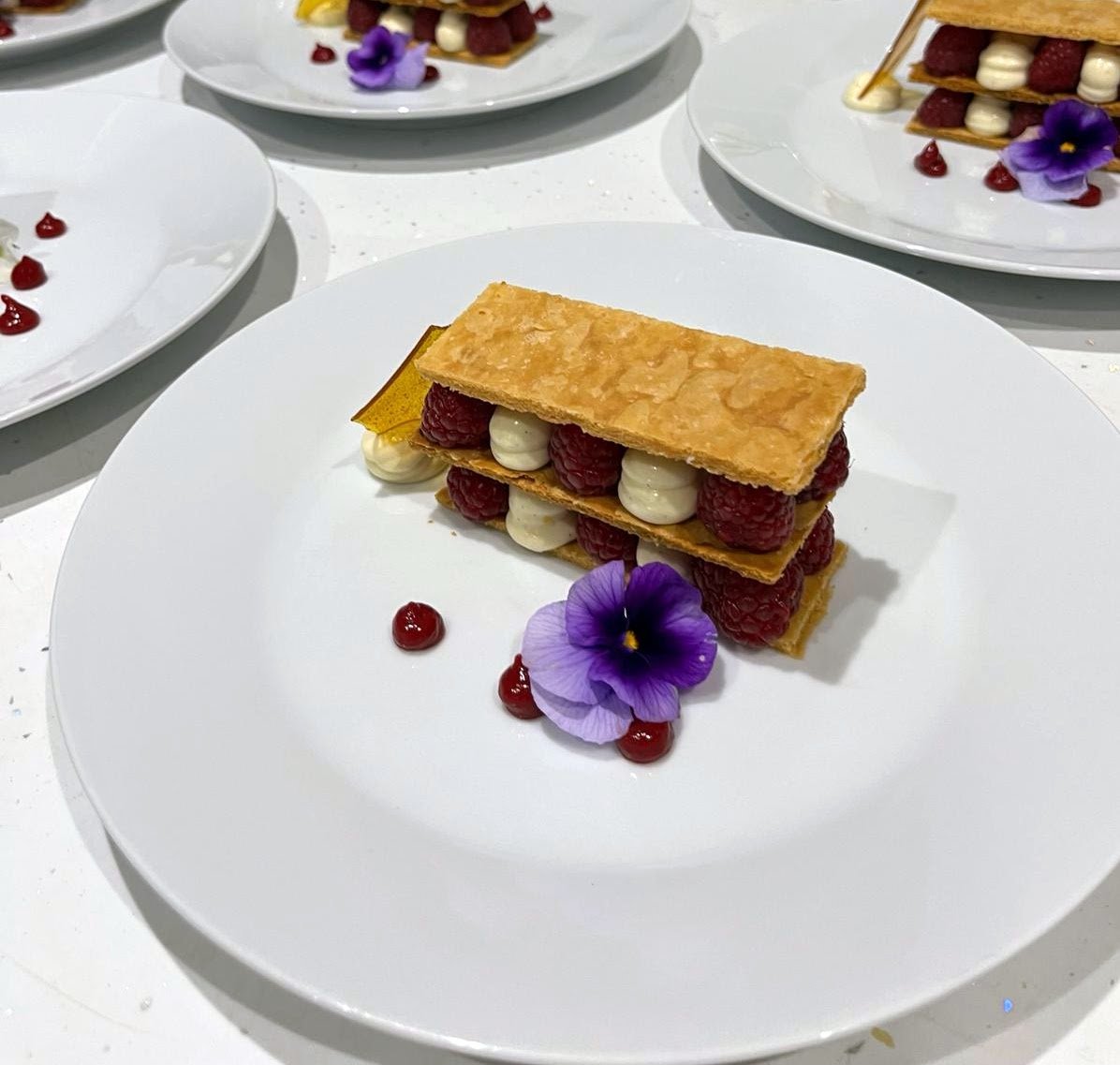 Raspberry and Vanilla Crème Mille-Feuille with Raspberry Gel, Caramel Shard