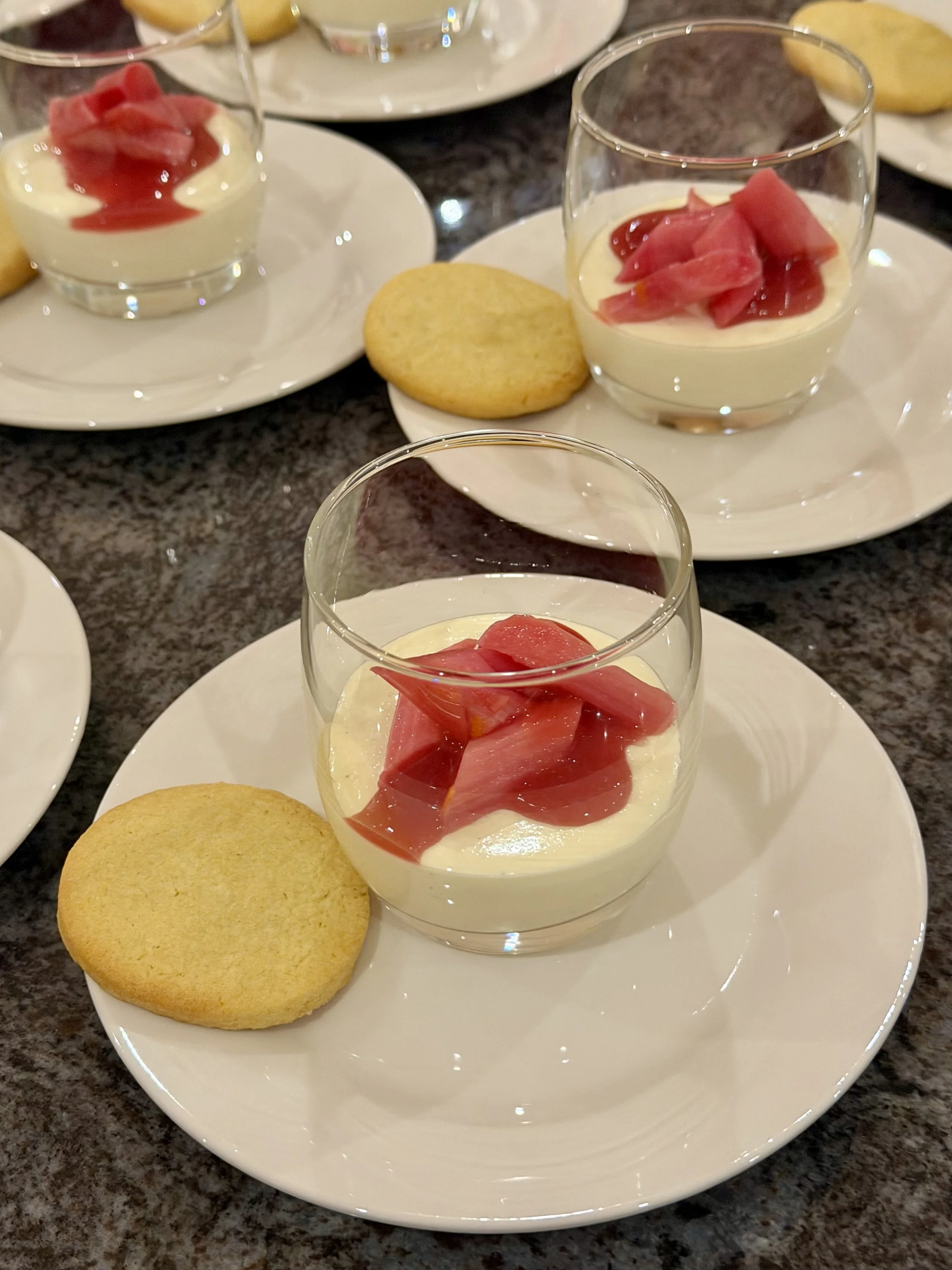 Vanilla Panna Cotta, Roast Rhubarb, Hibiscus, Rose and Rhubarb Coulis