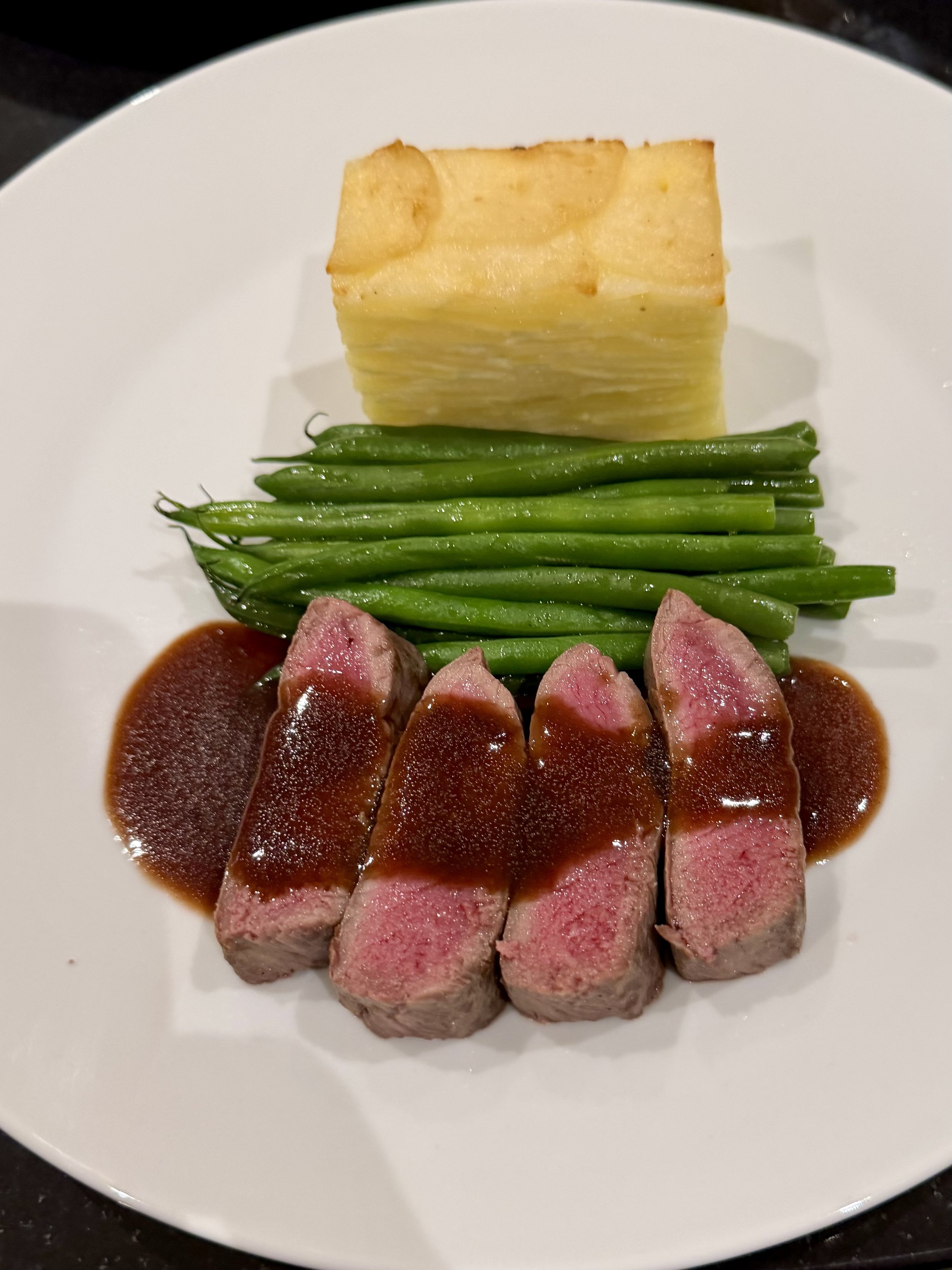 Lamb Loin, Dauphinoise, Green Beans, Red Wine Jus