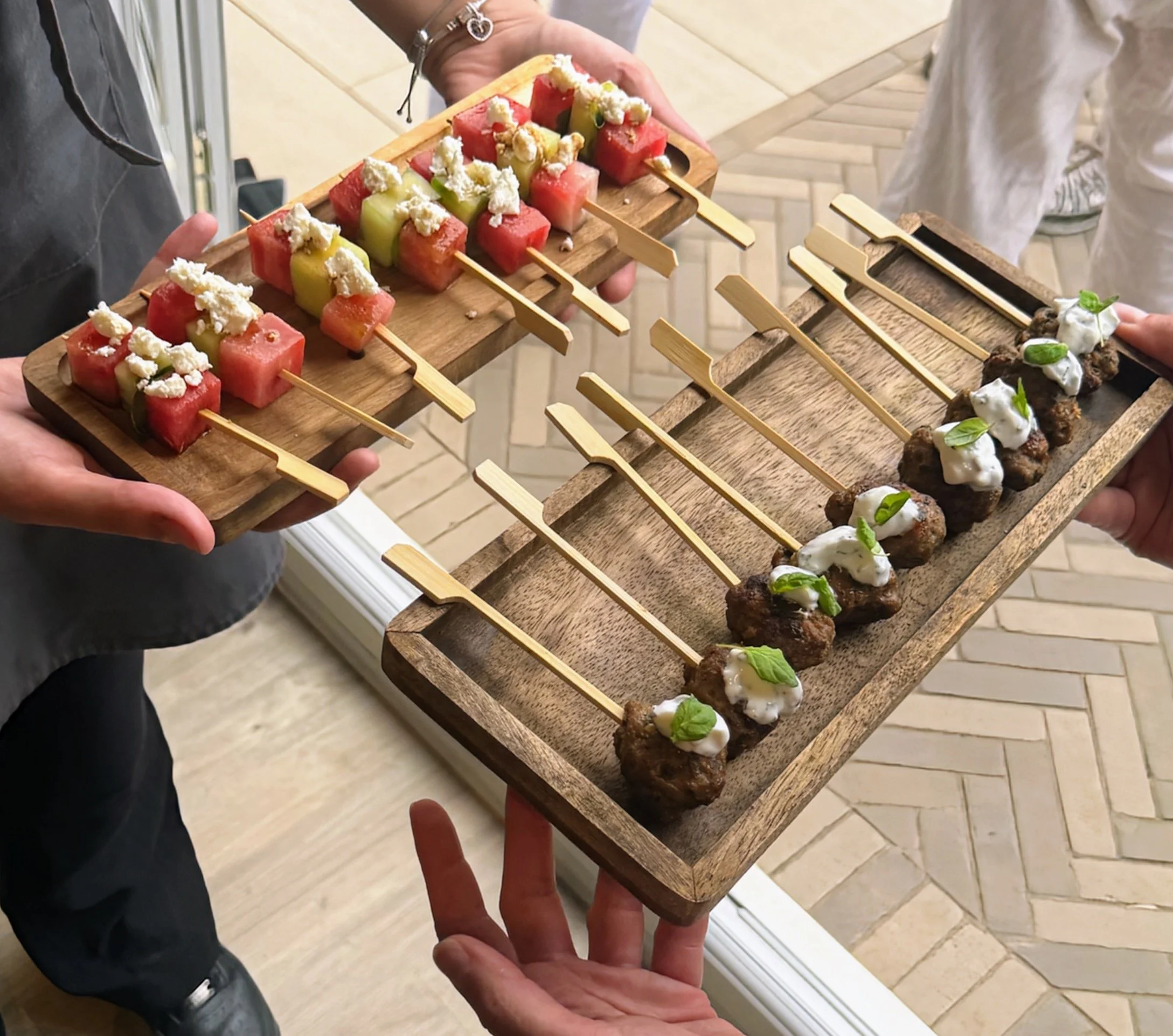 Watermelon and Feta Salad Skewers, Lamb Kofta with Mint Yoghurt