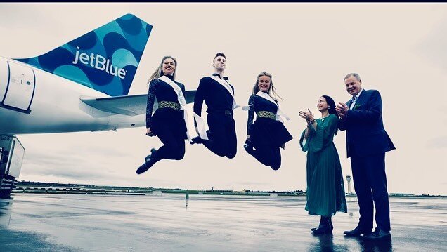 Launch of @jetblue new routes from Dublin airport being celebrated today. Big thanks to @studio2stage dancers Lea, Ruairi &amp; Abbie for #flyingtheflag ☘️✈️☘️🇺🇸☘️🇺🇸✈️