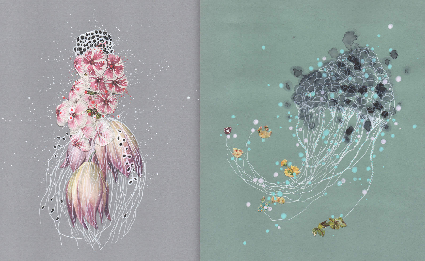 Left: Snow Phlox Jellyfish, 2017. Pen & collage on paper. Right: Blue Pearl Jellyfish, 2017. Pen & ink on antique book page.