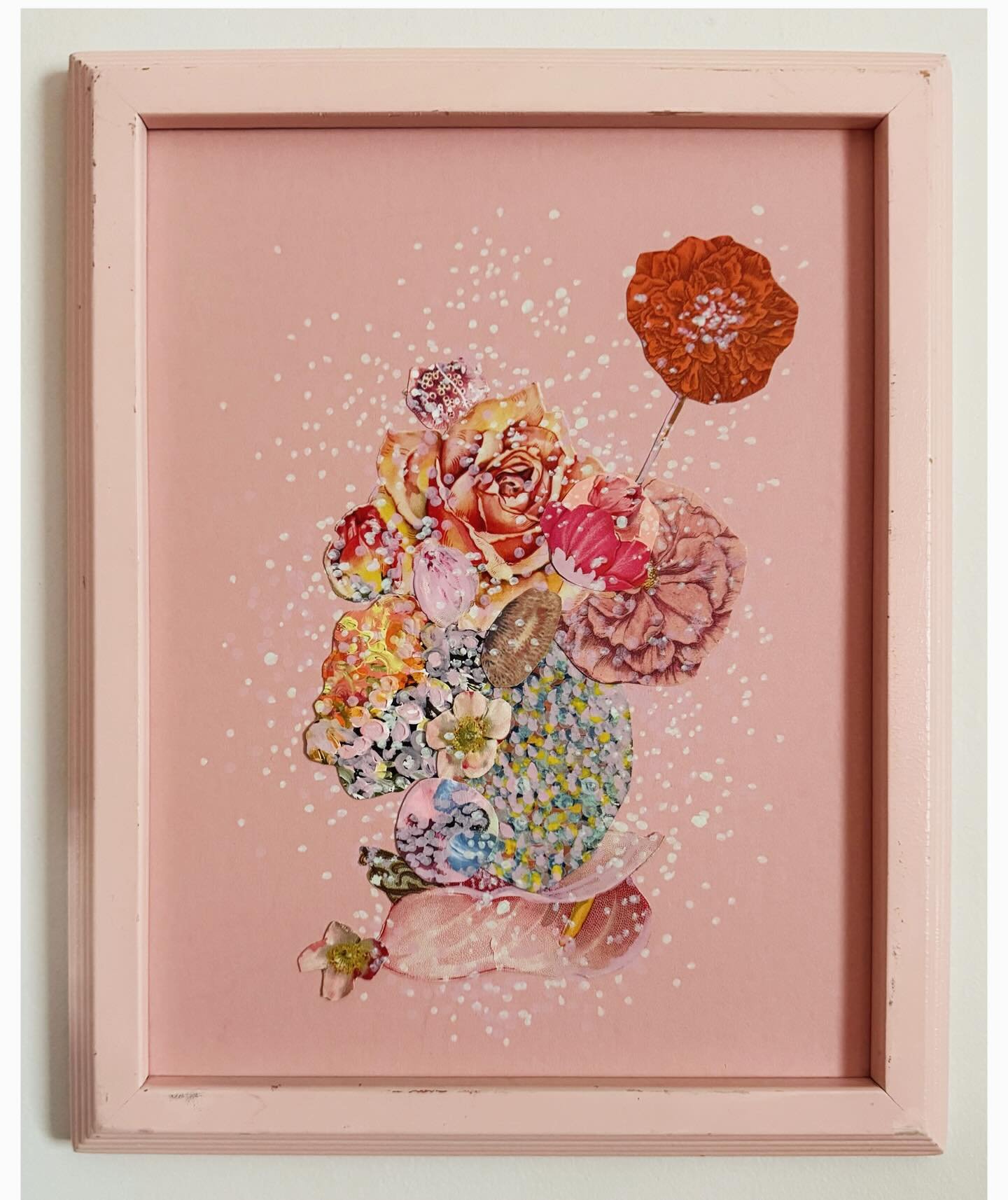 new collage work
&ldquo;pink planetary plouf&rdquo;
existing somewhere between a 70&rsquo;s teenage bedroom and a garden among the stars
acrylic, &amp; found and handmade collage on recycled mat in a vintage frame. approx. 8.5&rdquo; x 11.&rdquo;
dm 