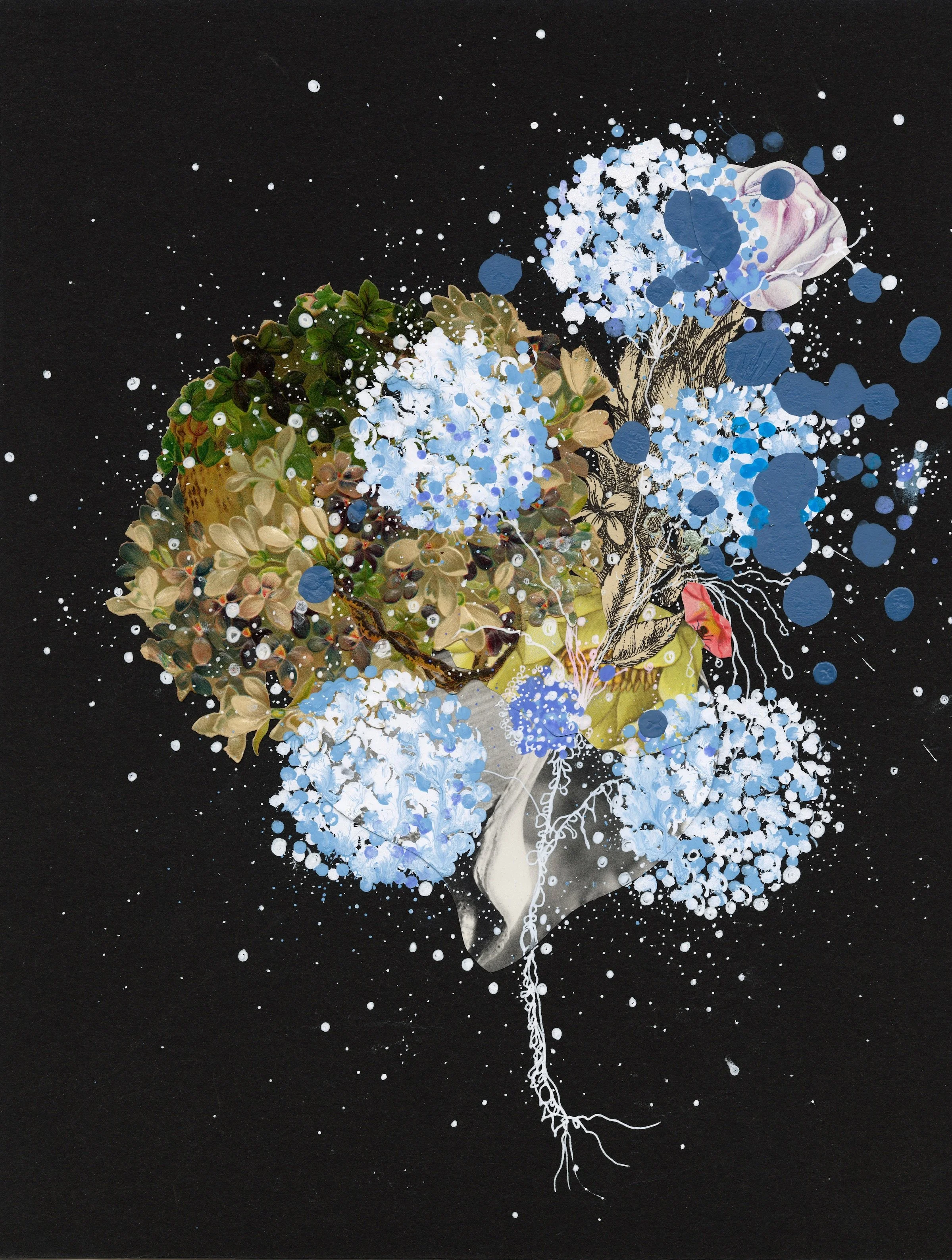 Celestial Snowball Flower, 2022. 11" x 14." Mixed media on recycled mat. Please email jennybrownart@gmail.com for purchase inquiries