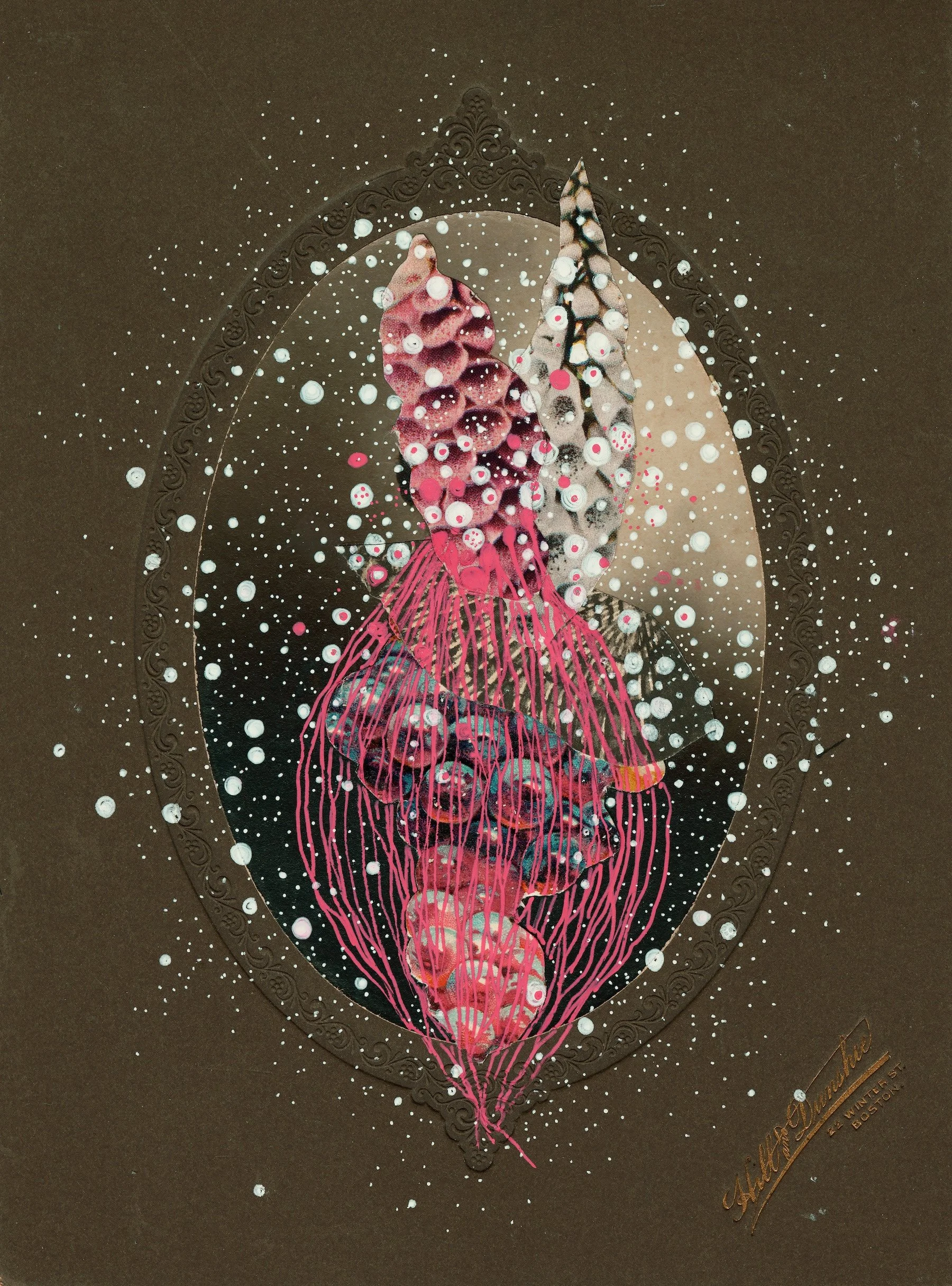 Memories of Stardusted Foxgloves, 2018. Mixed media on an antique cabinet card. Approx. 6" x 8."   Please email jennybrownart@gmail.com for purchase inquiries