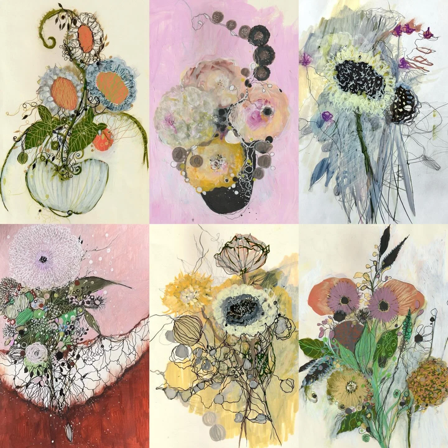 Sketchbook drawings! Sketches are approx 8&rdquo; x 11&rdquo; and are sold unframed. Contact me if you would like pricing &amp; purchase info!
Sketches Shown Here &bull; Slide 1, clockwise top left:
1.  Table Flowers for Morning Coffee
2. Last Weeken