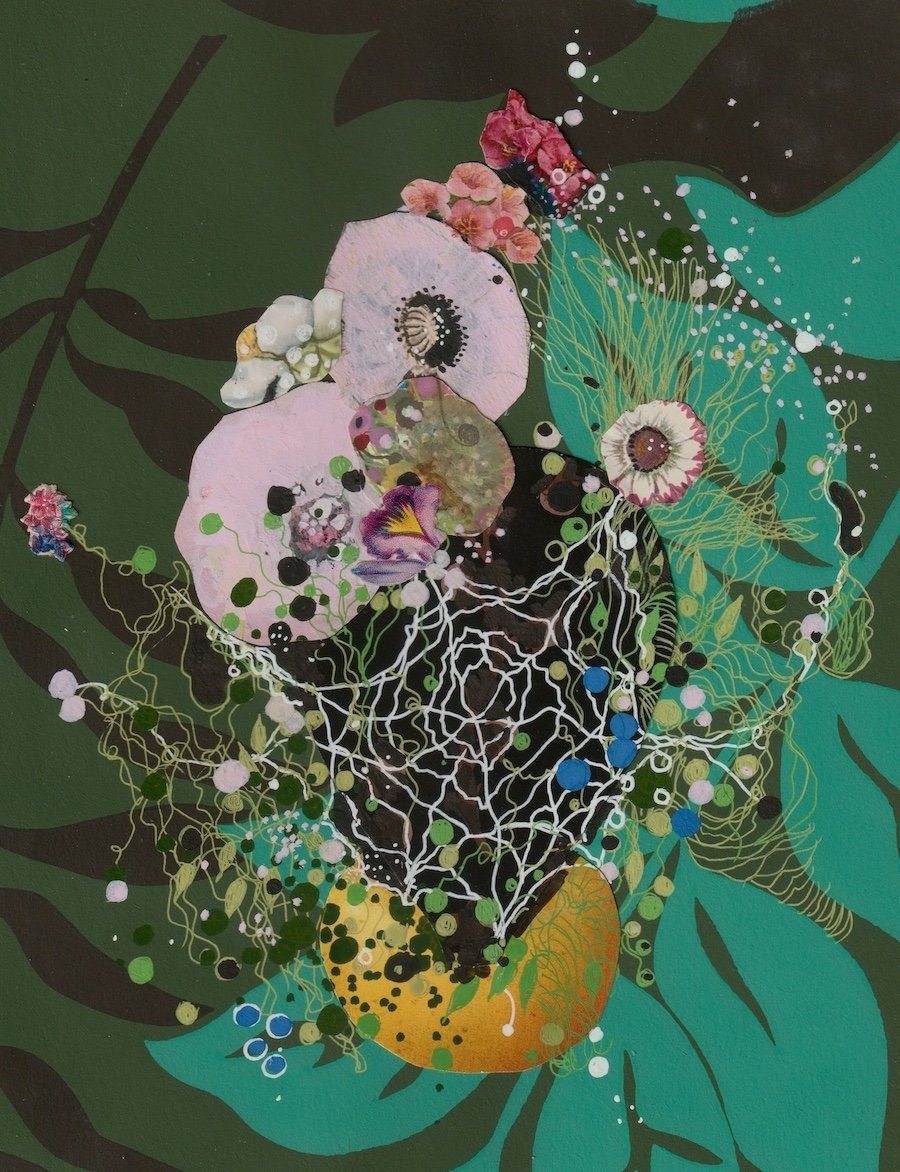 Fruits & Web, 2025. Mixed media on vintage wallpaper