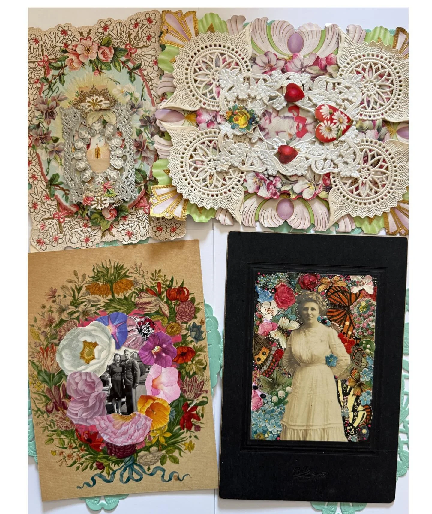 Vintage Valentines Found (top row) &amp; Vintage-Inspired Valentines Made (bottom row), all coming to my collage workshop at Erase Studio &amp; Gallery this evening to get our creative energy flowing 💕 @erasestudioandgallery 
.
#jennybrownart #colla