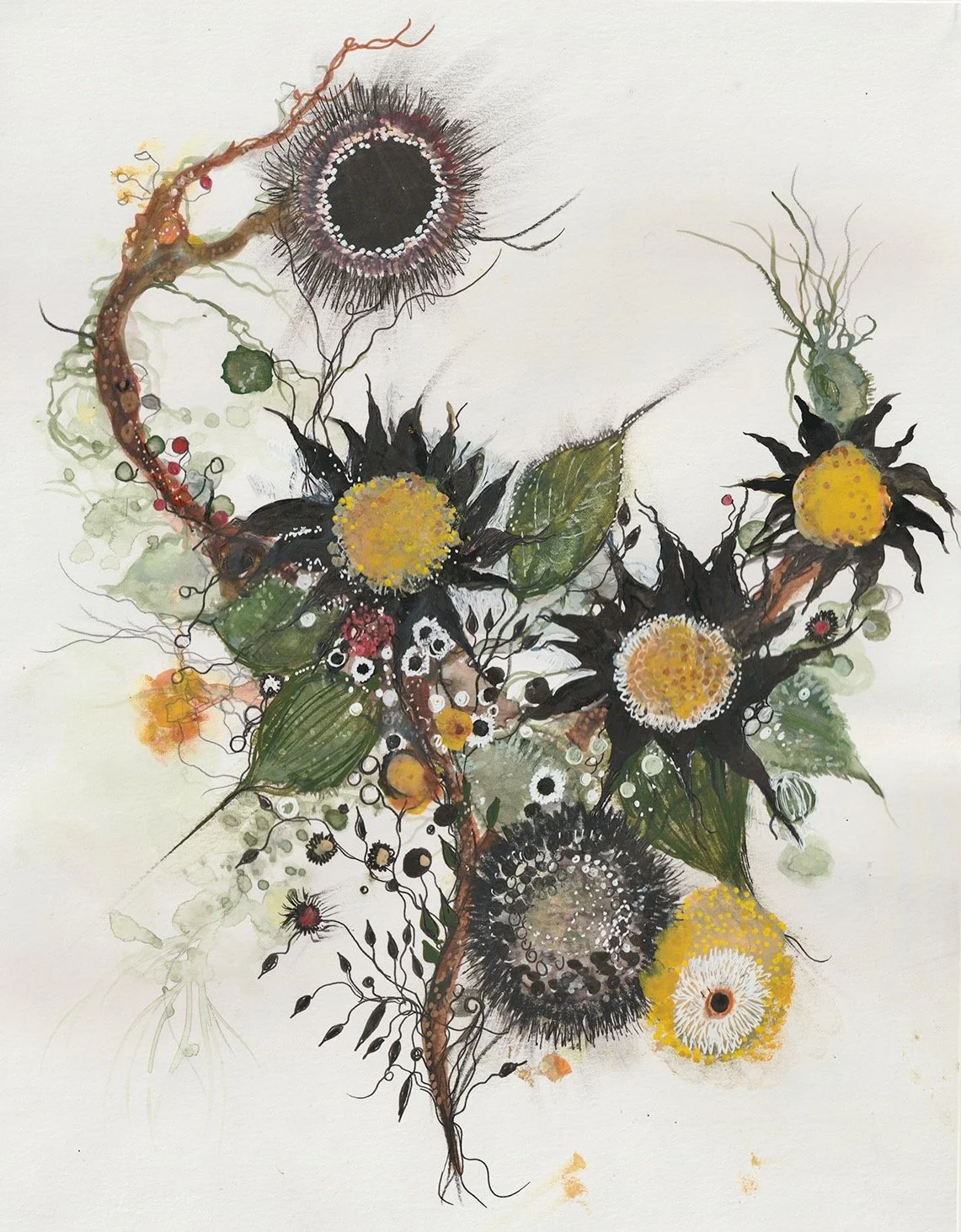 Gothic Sunflowers, 2024. Mixed media on paper. Approx. 11" x 14." Please email jennybrownart@gmail.com for purchase inquiries