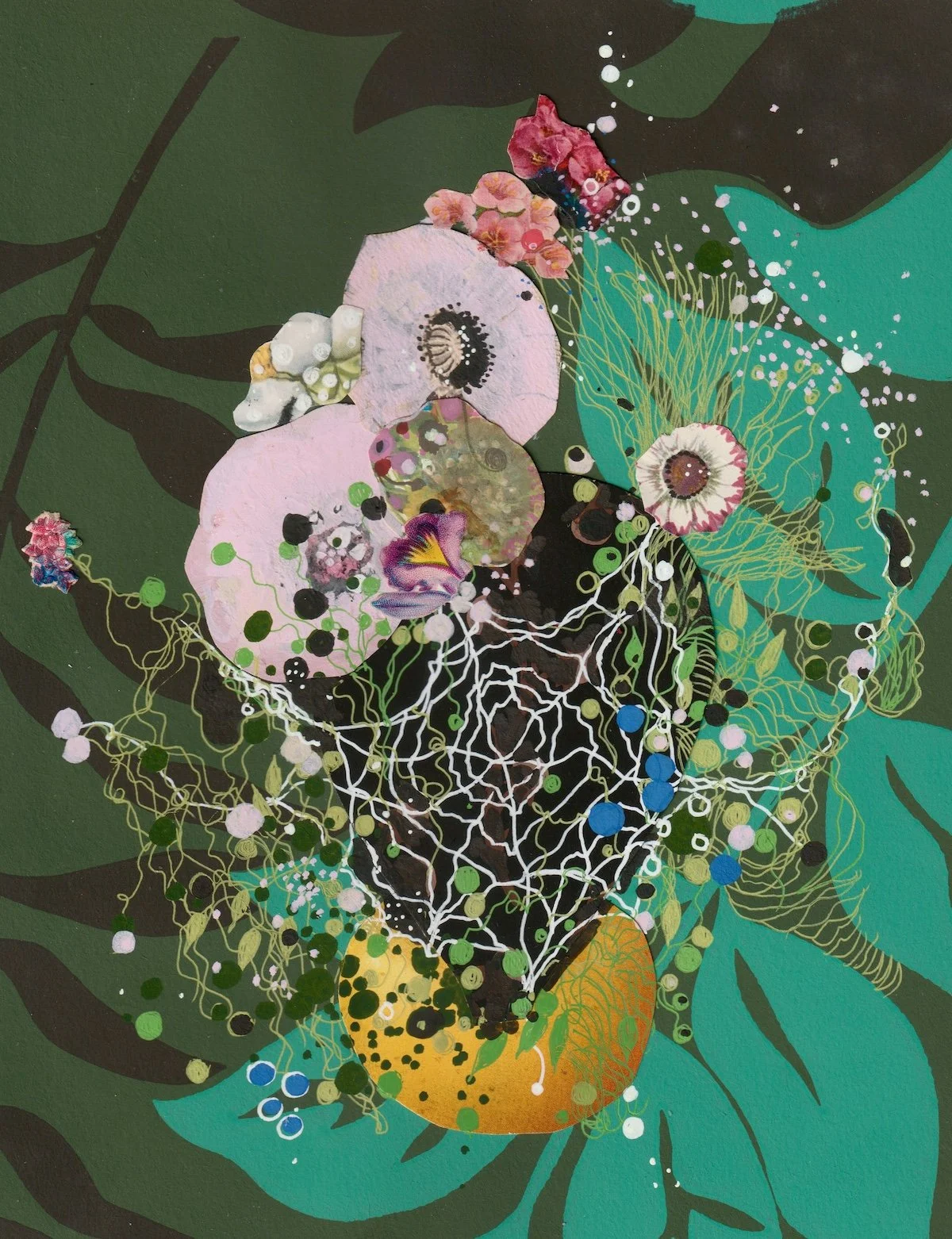 Fruits & Web, 2025. 8" x 10."  Mixed media on vintage wallpaper.  Please email jennybrownart@gmail.com for purchase inquiries