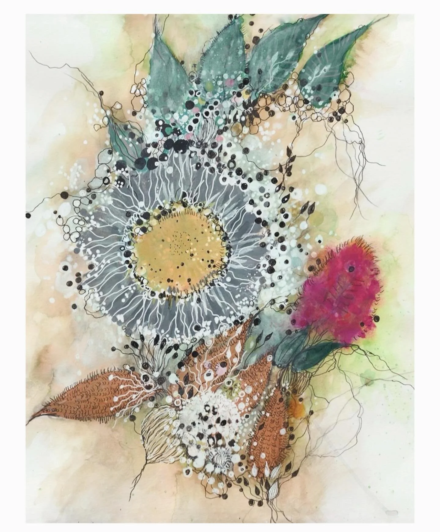 from my works on paper collection 
&ldquo;late frost&rdquo;
pen, ink, acrylic, &amp; pencil on paper. 
11&rdquo; x 14&rdquo; 
please dm for pricing &amp; purchase details
.
.
#jennybrownart ⁣#drawing #drawings