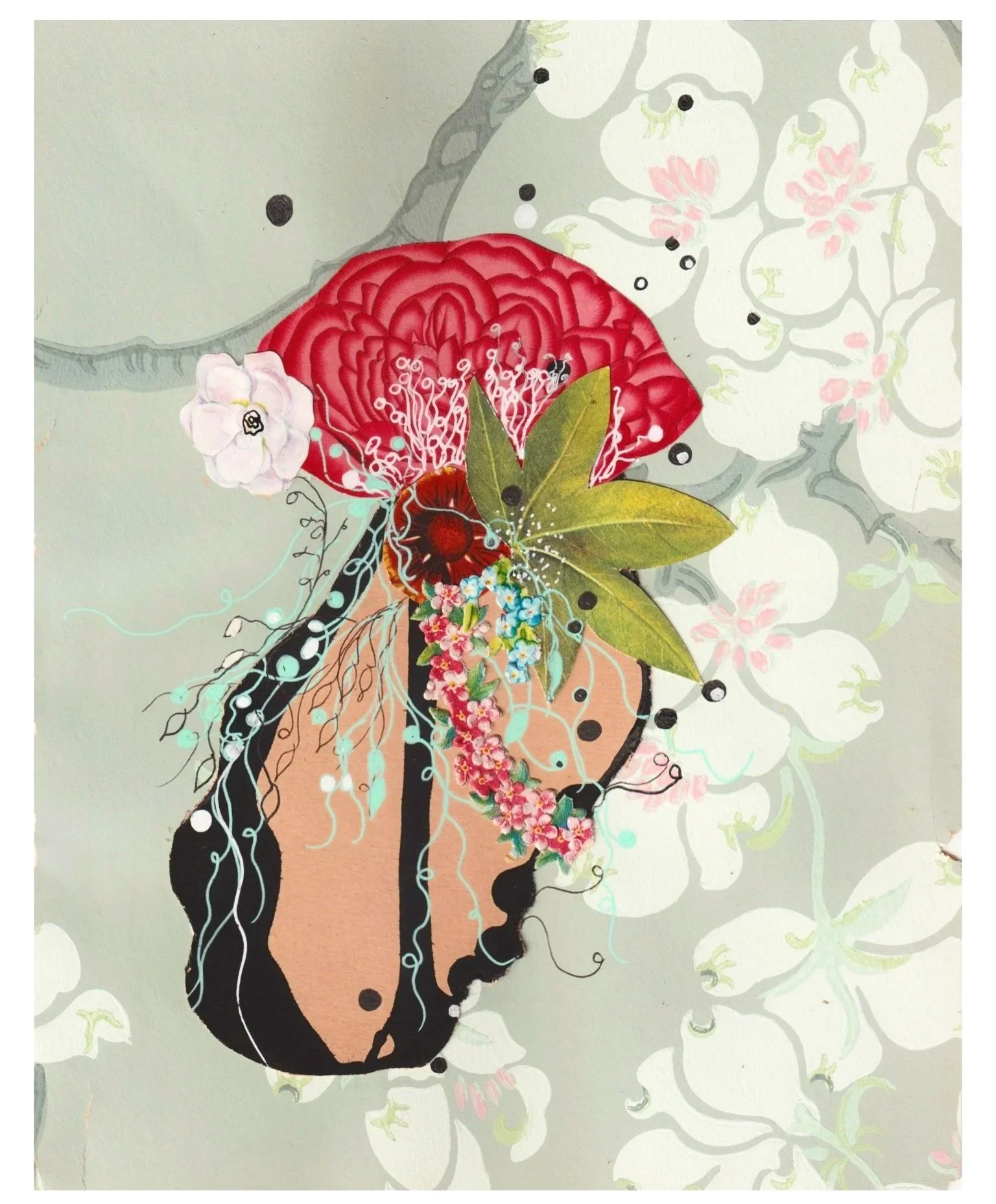 Forest Harp & Cherry Flowers, 2025. 8" x 10."  Mixed media on vintage wallpaper.  Please email jennybrownart@gmail.com for purchase inquiries
