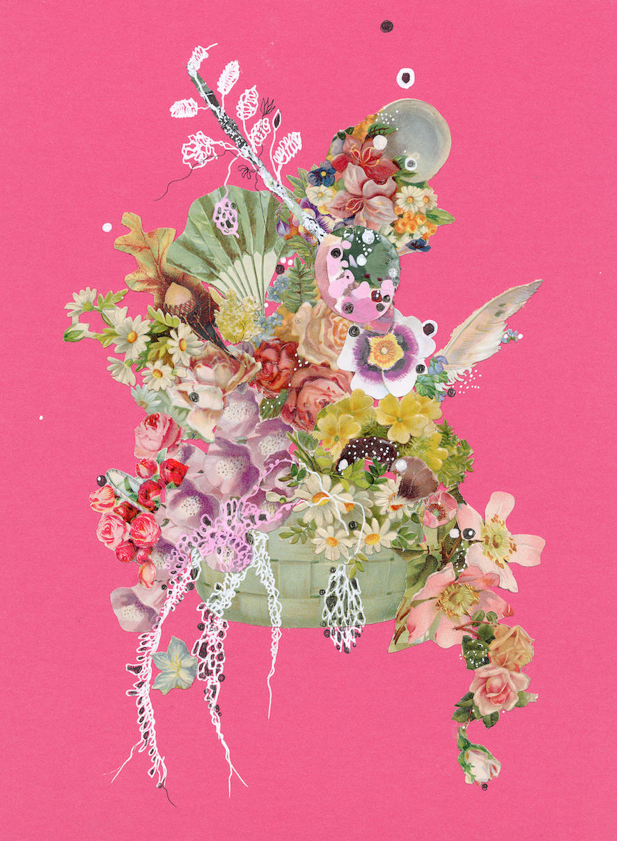 Pink Homage to the Art of Flower Arranging on the Moon, 2023. Mixed media on recycled mat board, 9"x12." Please visit https://collierwest.com for price & purchase details.