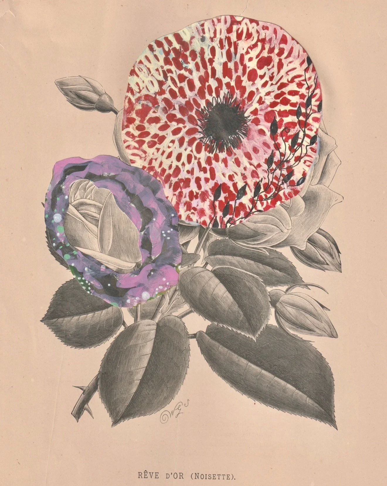The Future for Flowers, 2025. 8" x 10."  Mixed media on vintage wallpaper.  Please email jennybrownart@gmail.com for purchase inquiries