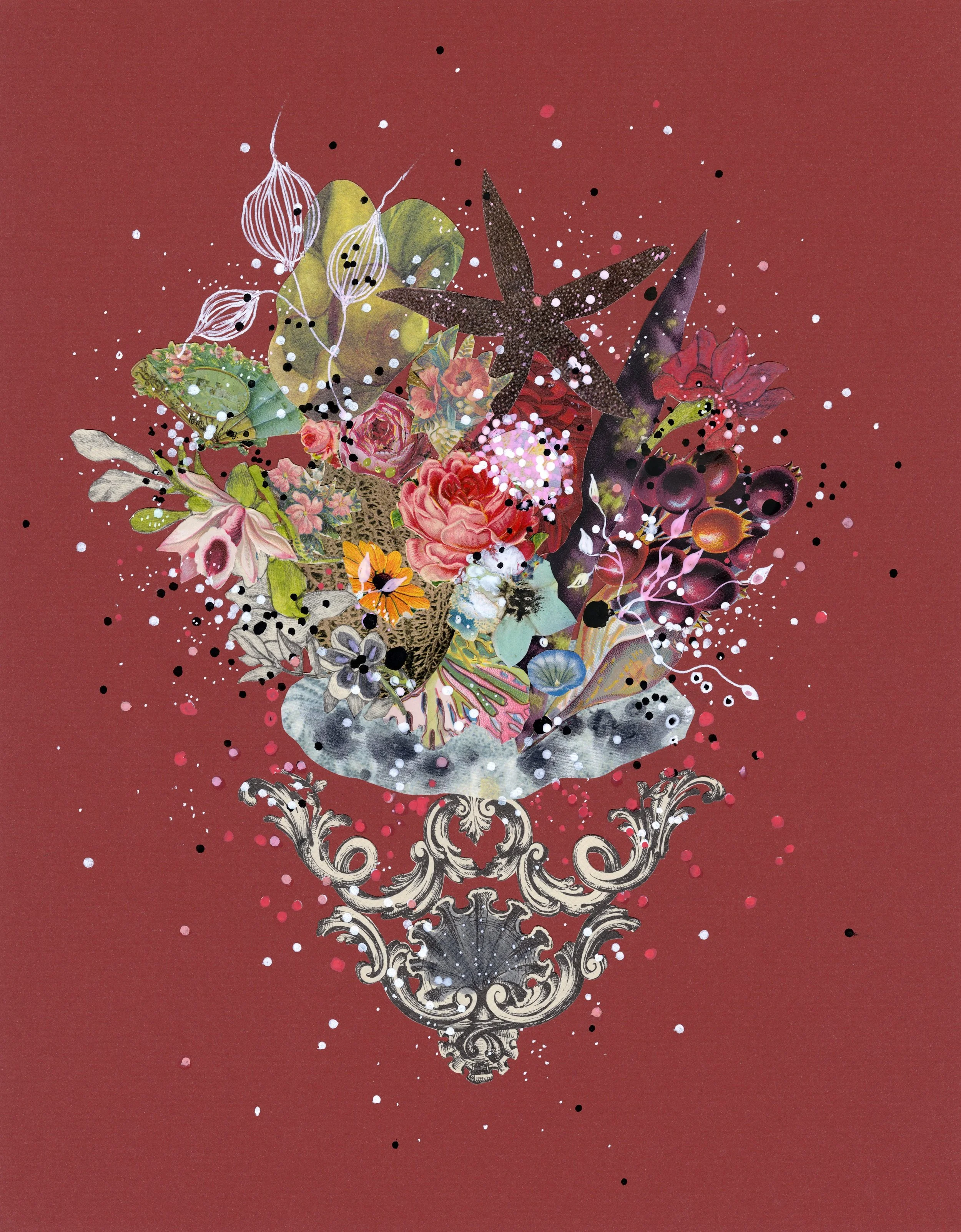 Flowering Hearth, 2023. 11" x 14." Mixed media on recycled mat board. Coming this October to the Bemis Center Art Auction.