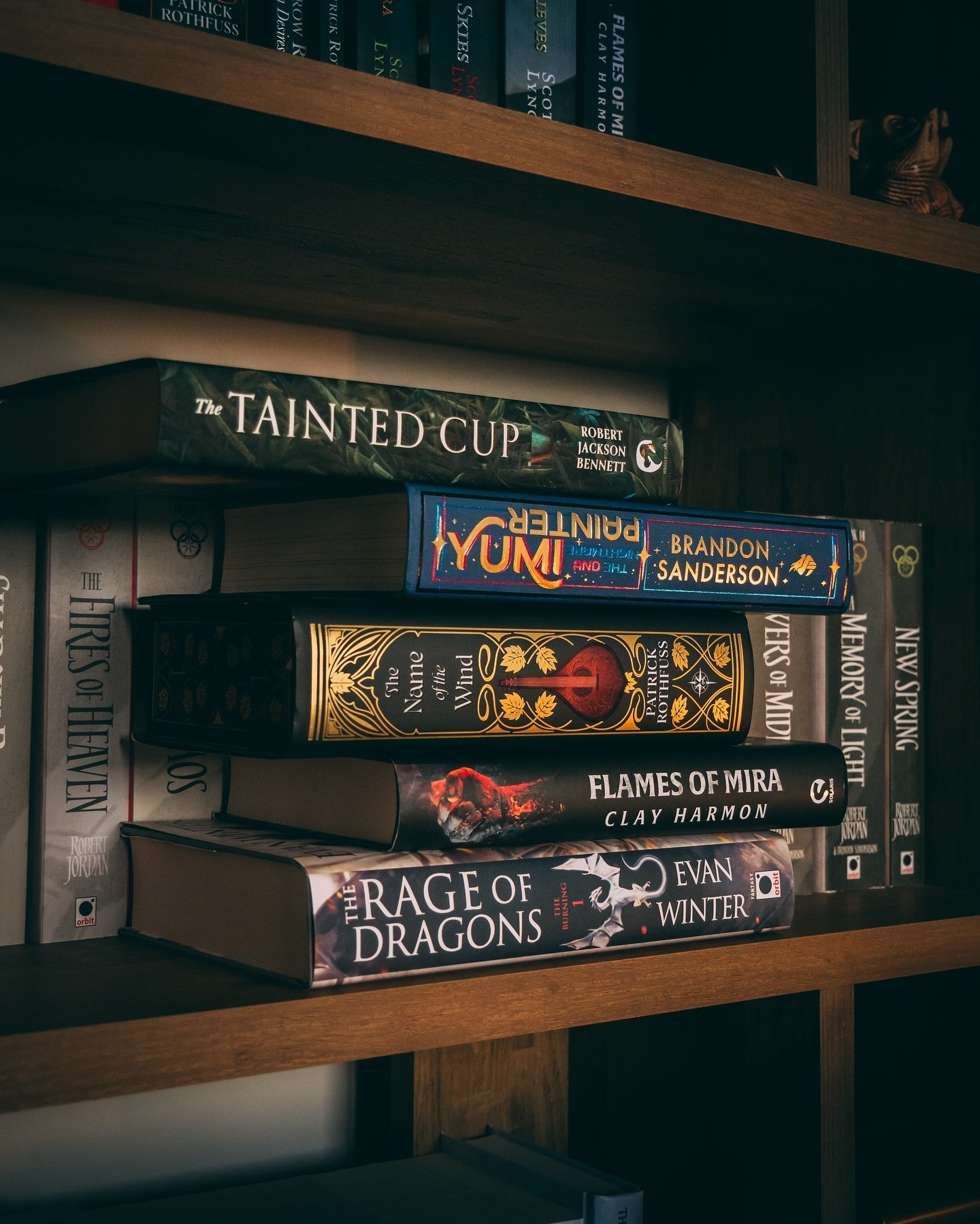 Spine scavenger Sunday 🦴 tagged by @the_dragon_reread 

📚 Which is your favourite spine?

🐉A spine with an animal: The Rage of Dragons.

🫀A spine with a heart: Flames of Mira. Sooo I couldn&rsquo;t find a heart but Ig shows his love through his f