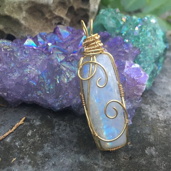 Rainbow Moonstone Wire Wrapped Gemstone Pendant Necklace [ONE OF A