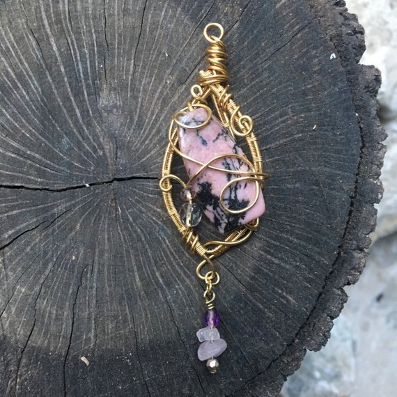 Rhodonite Wire Wrapped Pendant on Gold Filled Chain 18