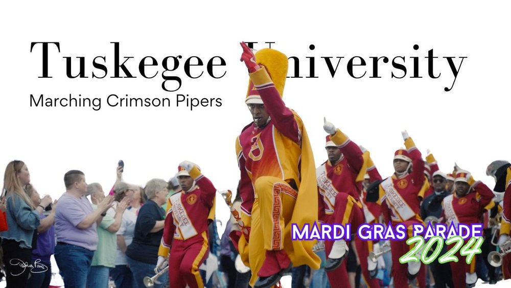 The Tuskegee University Marching Crimson Pipers at the Dothan, Alabama Mardi Gras Parade 2024