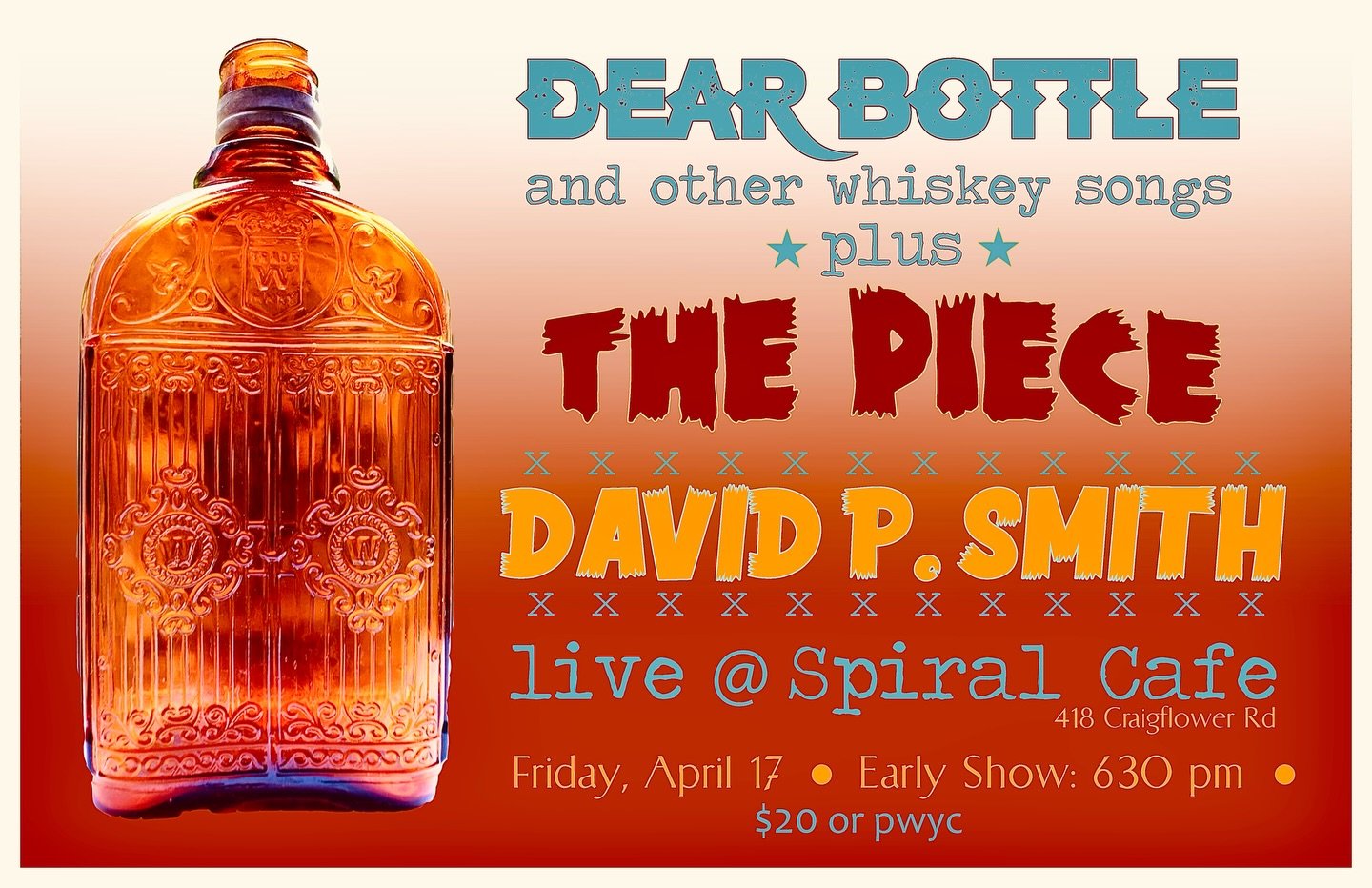 THIS FRIDAY APRIL 17  All the whiskey songs that will be part of my whiskey songbook &hellip;.. in a row.  Second set: a solo version of my dystopian concept album THE PIECE  Come for the entertainment value. Stay for the entertainment.  #davidpsmith