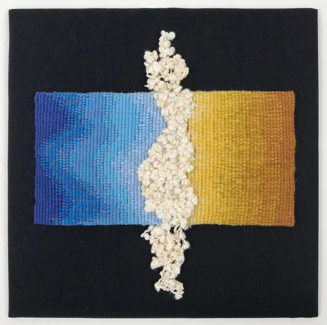 Lindsey Marshall, UK   Meeting…text conveying meaning, colour, texture  23 x 23cms  cotton and wool weft on cotton warp  Photography: John Seth Marshall