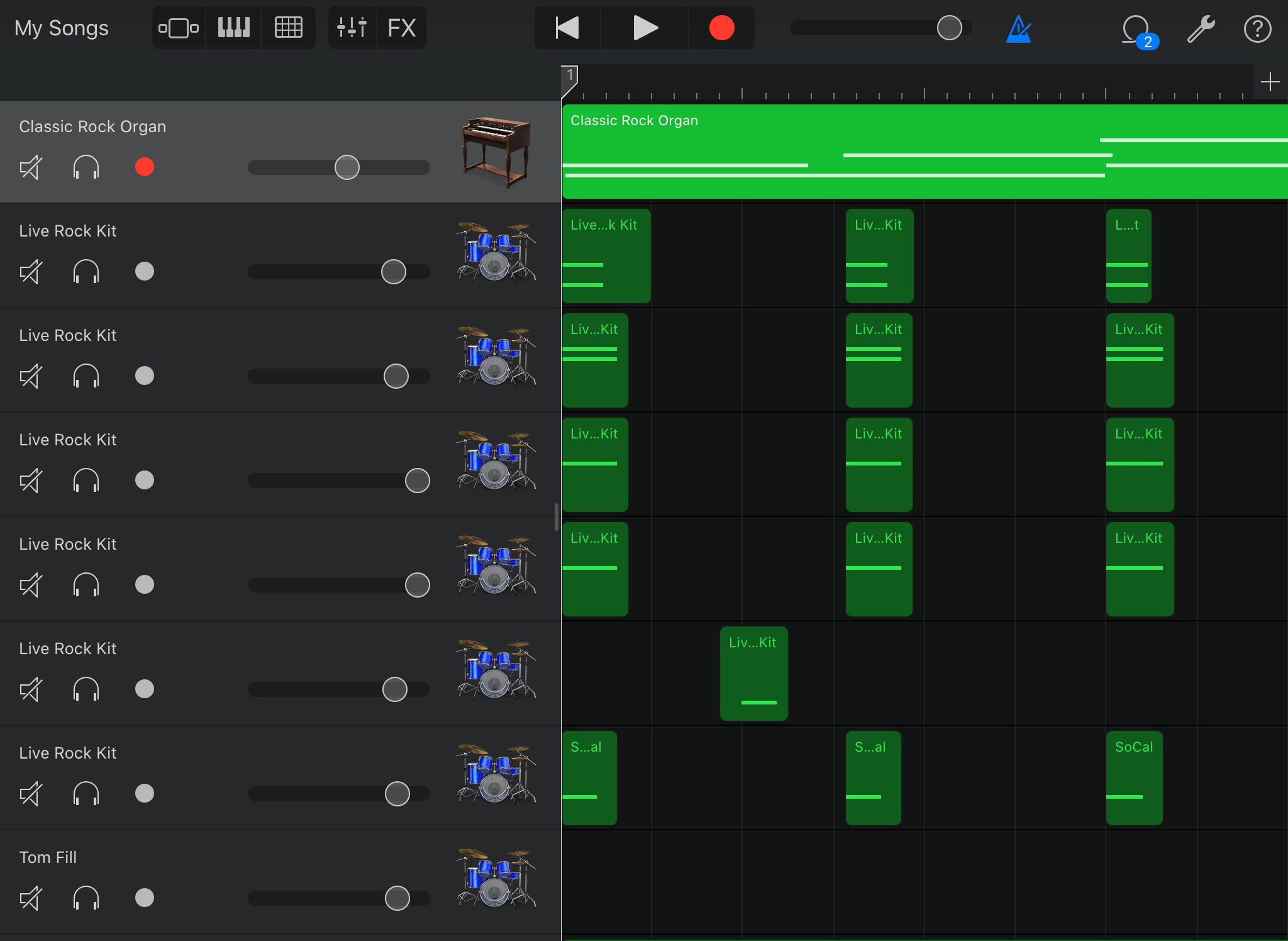 The view of a song’s score with volume and mute controls visible