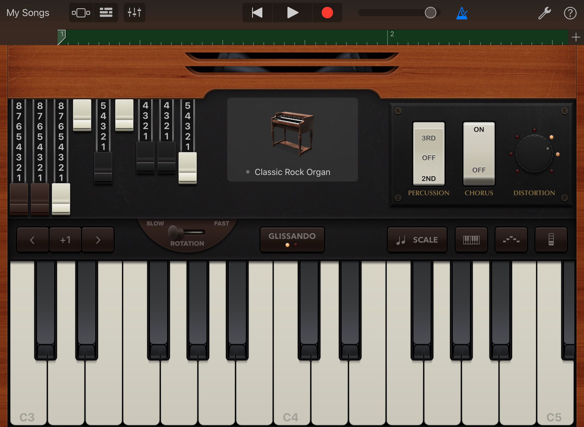 Notice all the settings we have here: draw bars, rotation and percussion