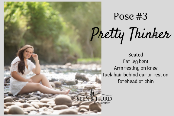 When you need a little variety, having your client sit down is always a good option! We were lucky during this session to have a flat spot along the shore of the river for this pose. Bending the back leg helps keep both visible and also allows a place for the arm to rest. Keeping their back straight is also key! For a variation, create a profile pose by having her look straight ahead instead of at you.