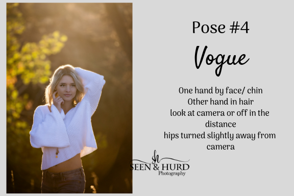 Many of my girls always wonder what to do with their hands and arms. I love this pose because it helps them become comfortable trying something new during their session. Creating some additional interest in this pose is off-setting the hips and torso to one another. Usually by adding small variations to where she is focusing and where her hands are, several shots are available for the final gallery in a short time frame. And isn’t the golden hour backlight here just dreamy?