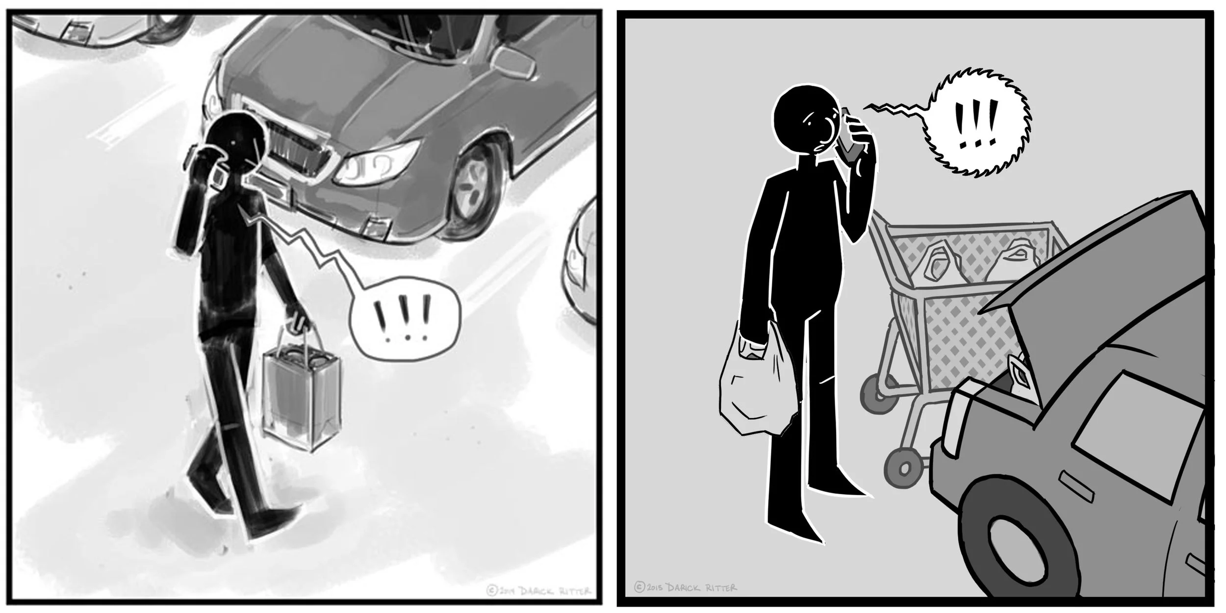 Early version (left) of daily life interrupted by political strife. Updated, “clean” version on the right.