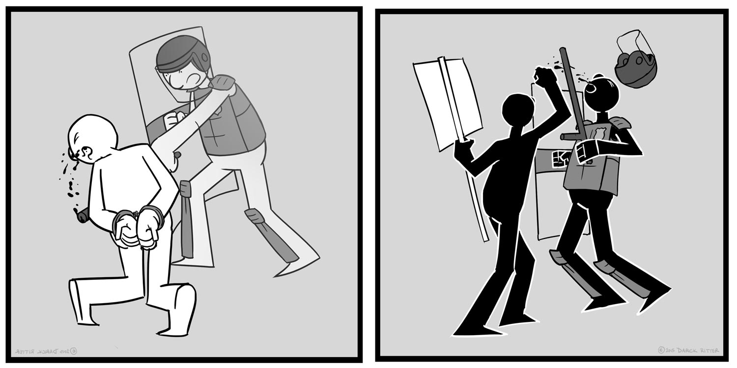 “ Handcuffed ” on the left. “ Punched Cop ” on the right.