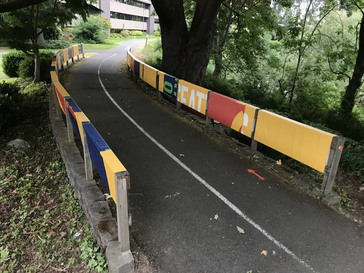   Tukwila Wrap , 2019.  Recycled vinyl from promotional banners. 30 x 80 inches (12 panels). 