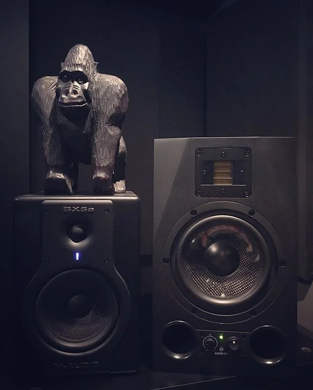 The gate keeper of sound. Hand carved and direct from Africa. Totem at Chuck Styles studio. @m_audio @adam_audio #bx5a #adama7x #totem #gorilla #handcarved