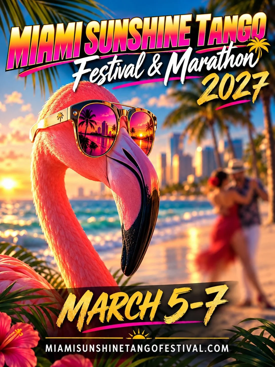 Flamingo with sun glasses tango dancers on the beach
