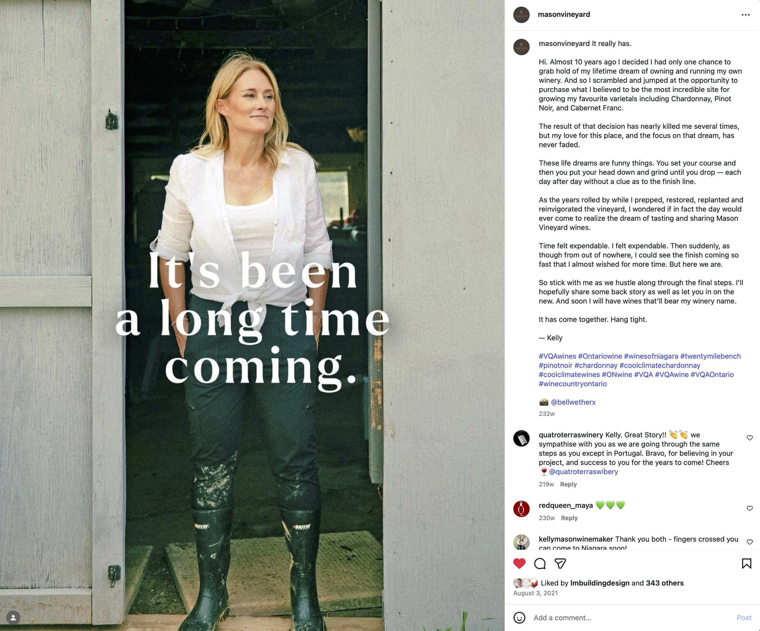 Mason Vineyard first Instagram Post in August 2021