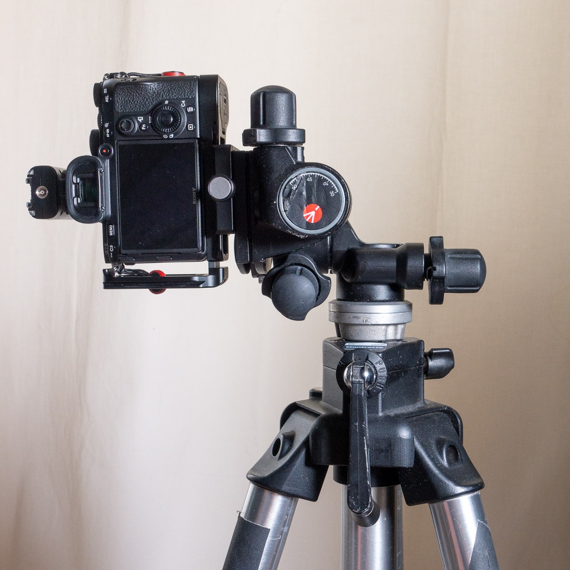 Manfrotto 410 Junior turned on its side, in portrait orientation.