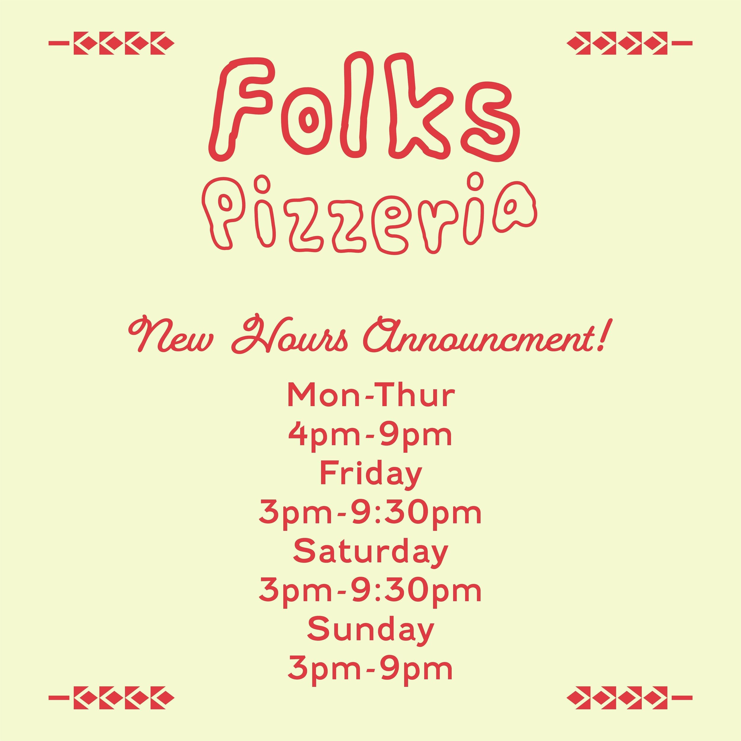 🚪 Starting today, we will be opening our doors on Fridays at 3pm until 930pm or sold out! Come check us out real soon.
☀️
✔️Folks is open all week. 
✔️Pizza party starts at 
4pm M-Th &amp; 3pm weekends. 
✔️Reservations via Yelp.com recommended.
✔️Wa