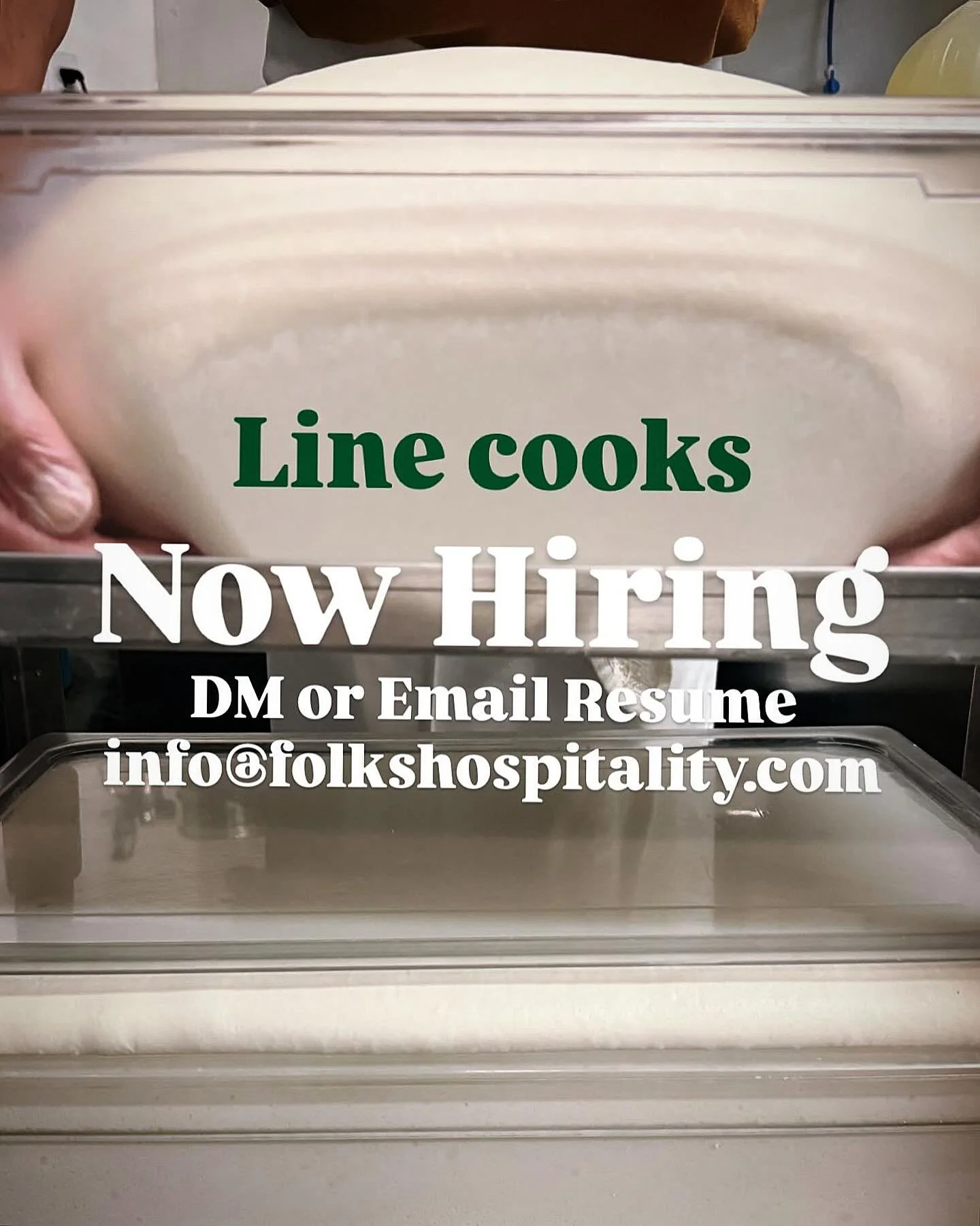 🔪 We are looking for experienced line cooks to join our brigade. If you are looking for a
&bull;learning opportunity 
&bull;group of teammates 
&bull;great work life balance 
&bull;busy restaurant 
Then Folks is your place