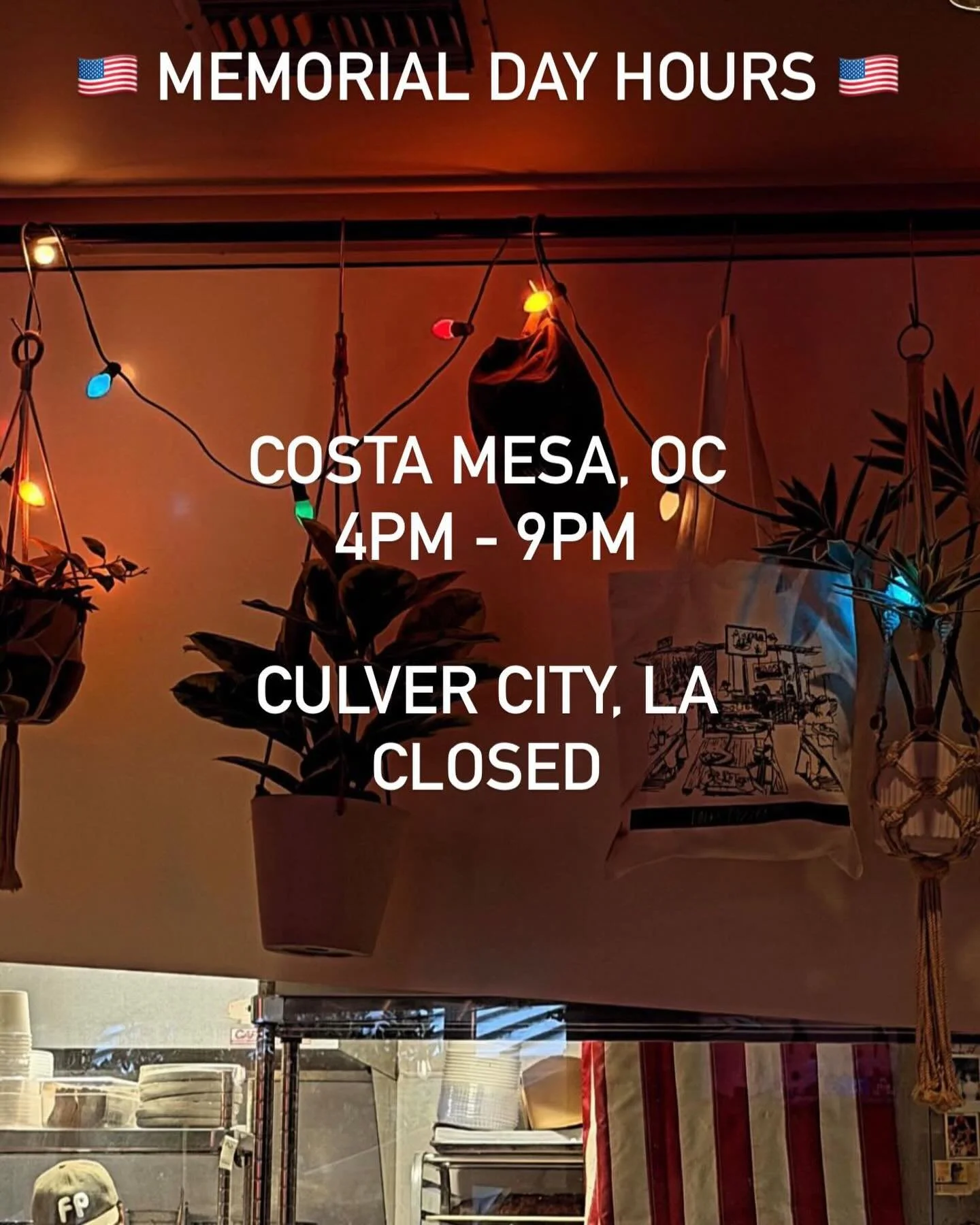 🇺🇸 Memorial Day Hours differ by location 
Costa Mesa, OC 4pm - 9pm 
Culver City, LA CLOSED 
&bull;
Check out our website for hours and seating deets ! 
www.folkspizzeria.com