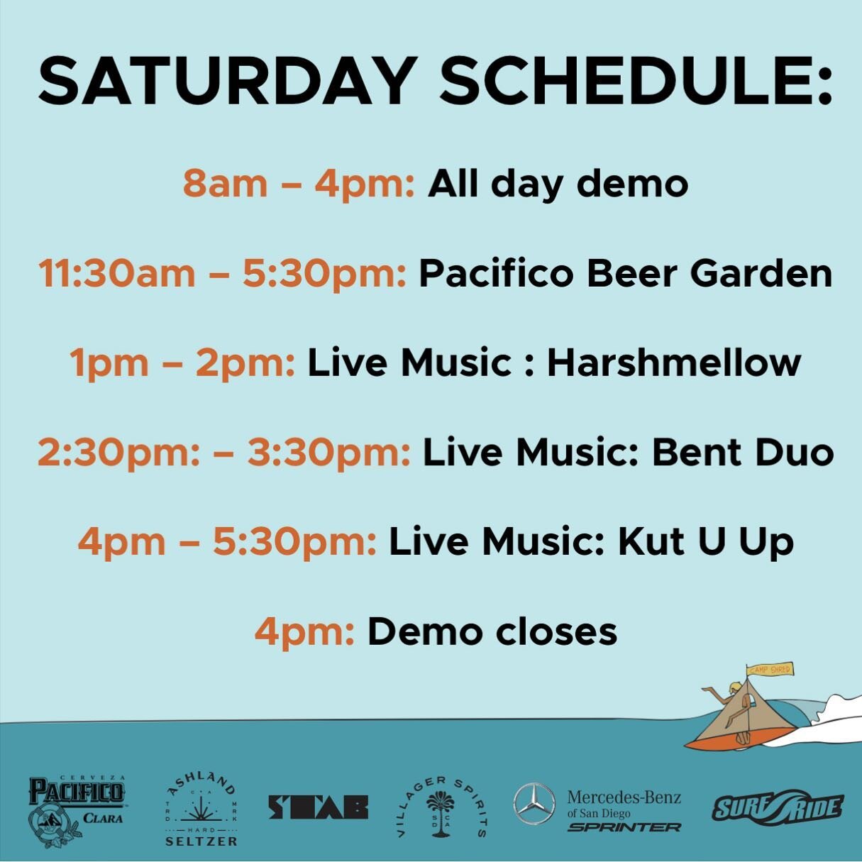 Saturdays line-up!! Grab a drink at the @pacificobeer beer garden and listen to @imharshmellow @bentduo @kutuupmusic #saturdaysdoneright #campshred #cardiff #sandiegoevents #surfindustry