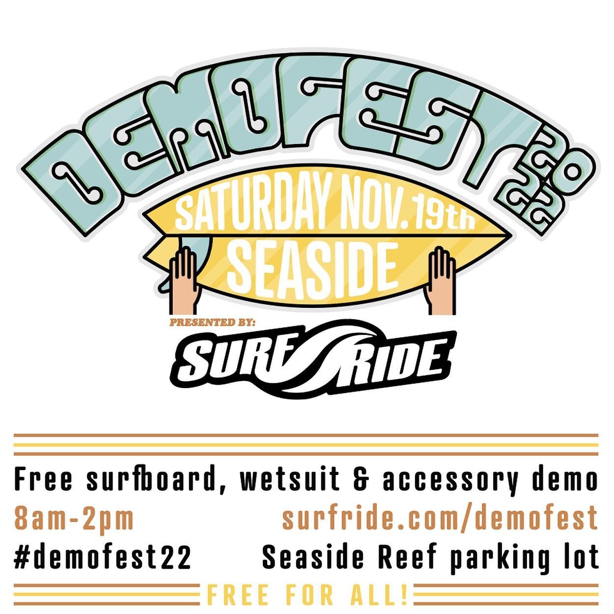 DemoFest 22 is Tomorrow!!! Cruise down to Seaside Reef Sat. Nov. 19th 2022!!!
All the best brands at the best demo!! 

@surftechsurf @pandasurfboards @futuresfins @fcs_surf @ripcurl_usa @haydenshapes @cisurfboards @rustysurfboards @firewiresurfboards