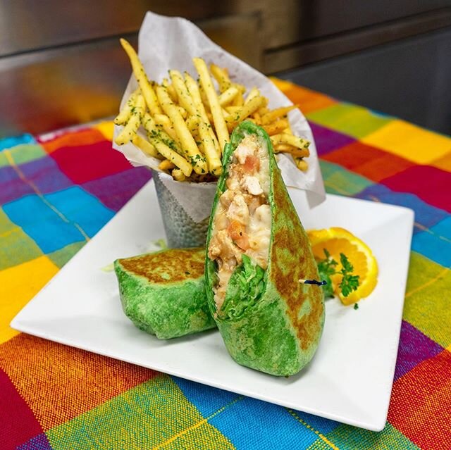 The Green Burrito! A Spinach tortilla is used to make this speciality burrito with pico de gallo, beans, cheese, and your choice of grilled chicken or carne asada. You may enjoy this with a side of fries! Come order some during our weekly happy hours