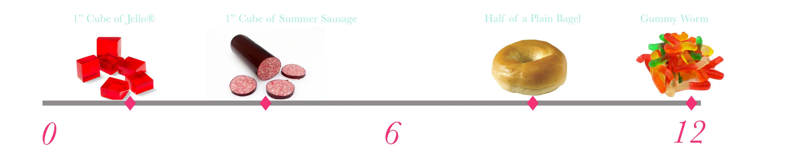 Example of food items used to train a professional tasting panel on the various degrees of “Bite Integrity” texture attribute, intensity 0-12.