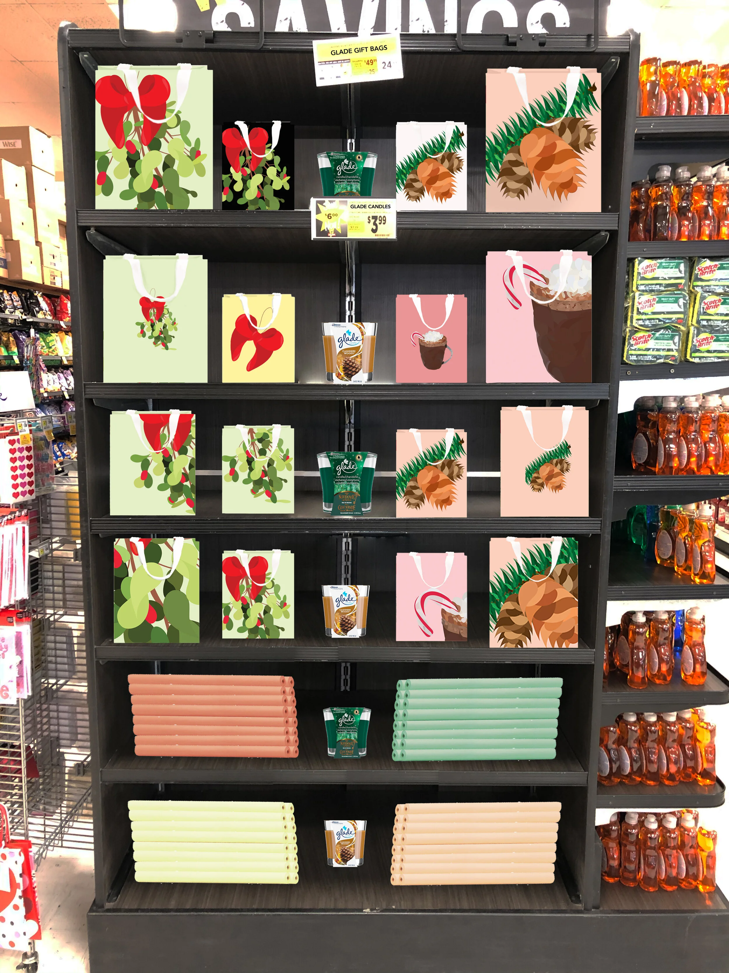 Store End Cap with scented gift bags and wrapping paper