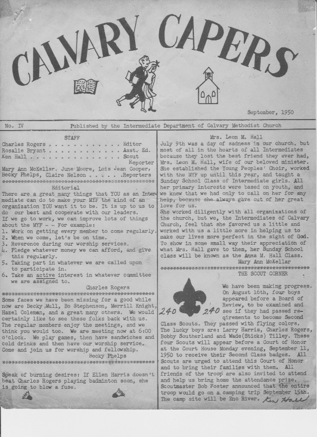 Middle School Youth Group (MYF) Newsletter from Fall 1950.
