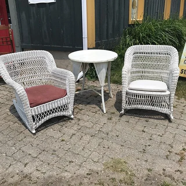 Nice  set of two  Victorian wicker rockers and round table. Great for  sitting on the porch  this summer. It is in great condition with only some  minor breaks in the wicker see pictures. Great price 475 for the set. #antiquewicker #patiodecor #wicke
